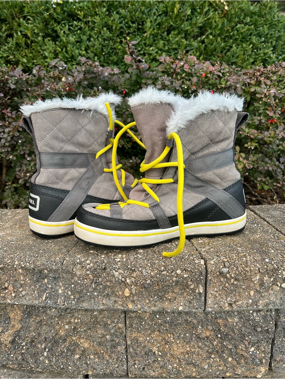 Sorel Gray Quilted Winter Boots with White Faux Fur and Yellow Laces